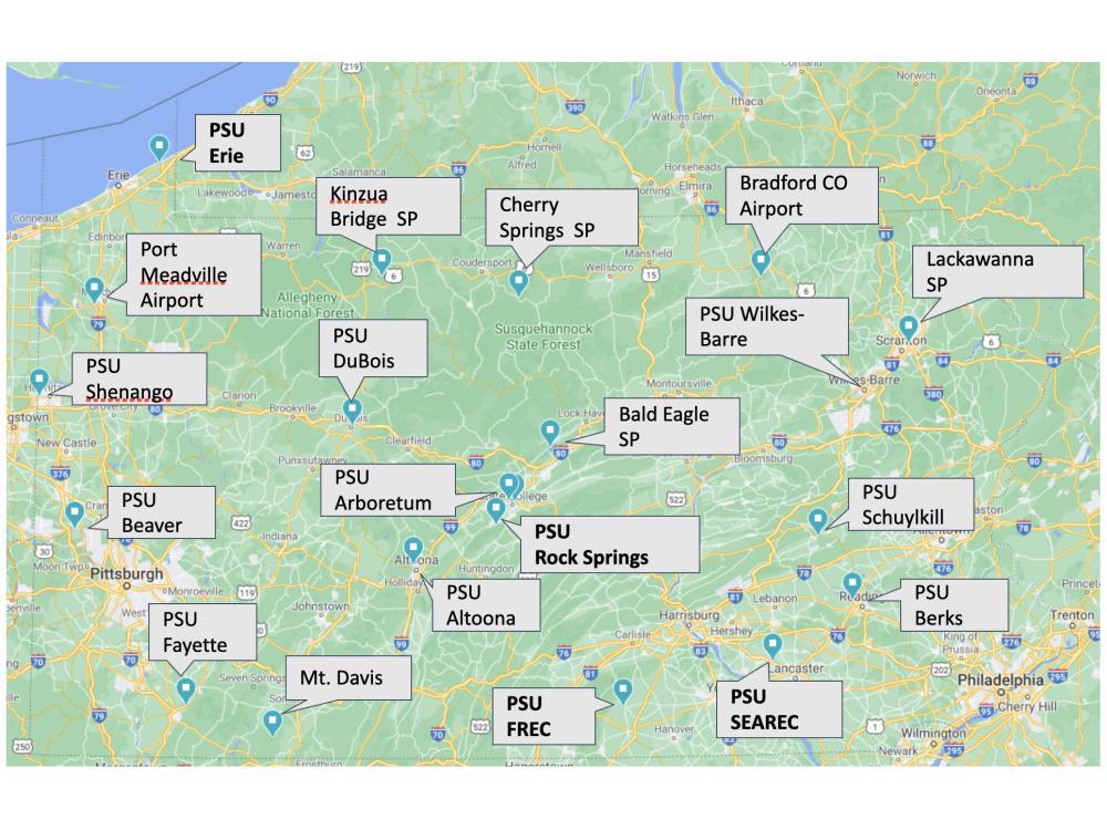 Map of mesonet monitoring station locations across Pennsylvania